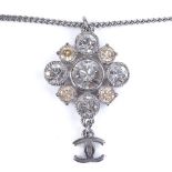 CHANEL - a silver plated rhinestone CC pendant necklace, pendant height excluding bale 40.3mm, chain