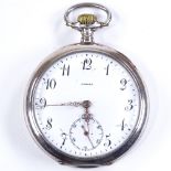 OMEGA - a Continental silver-cased open-face top-wind pocket watch, white enamel dial with Deco