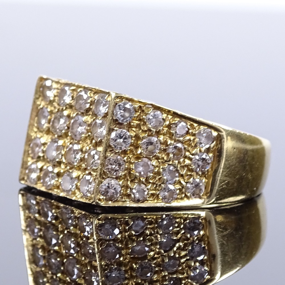 An 18ct gold diamond cluster panel signet ring, graduated diamond set shoulders and bridge, total - Image 2 of 4