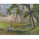 Marion Lewin (1922 - 1979), oil on board, children in the garden at the old nunnery Oxford, 15.5"