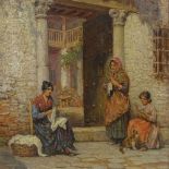 Trevor Haddon, oil on canvas, women outside a doorway, signed, 18" x 14", framed Very good