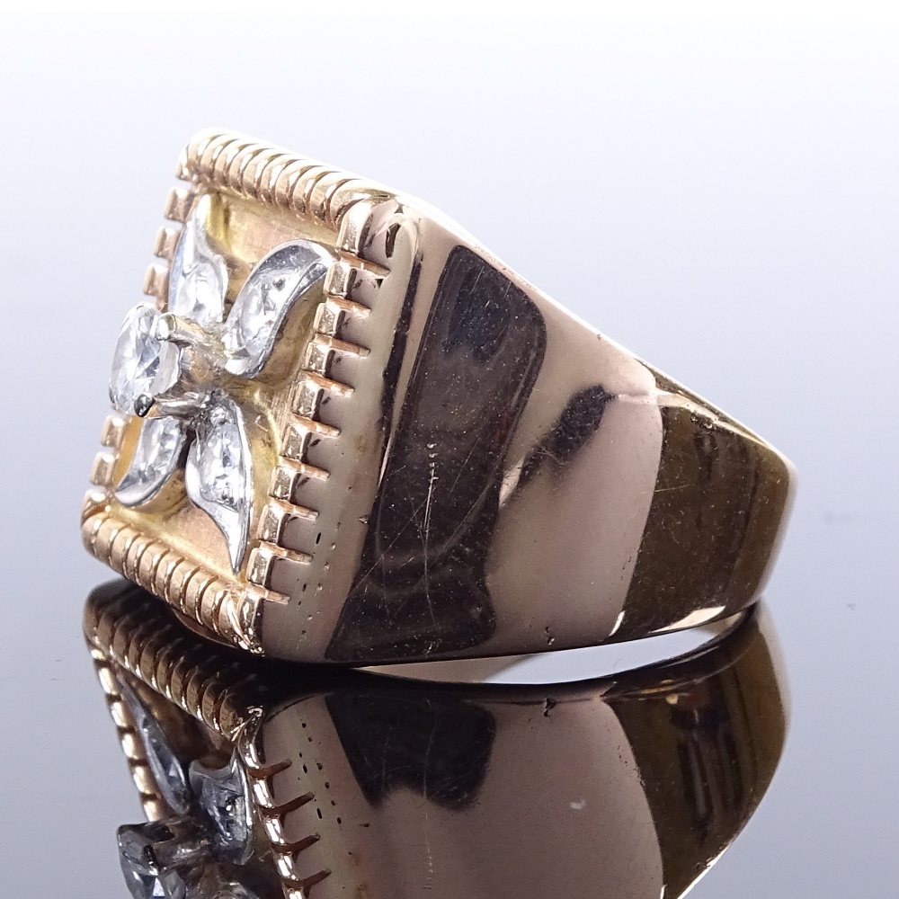 A 14ct gold diamond panel signet ring, central diamond set floral panel, total diamond content - Image 2 of 4