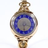 ASPREY - a lady's 18ct rose gold open-face top-wind fob watch, with 15ct bangle strap, blue enamel