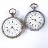 2 steel-cased open-face key-wind chronograph pocket watches, white dials with Roman numeral hour