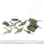 A group of military Dinky toy vehicles, including planes, Chieftain tank, Spitfire etc