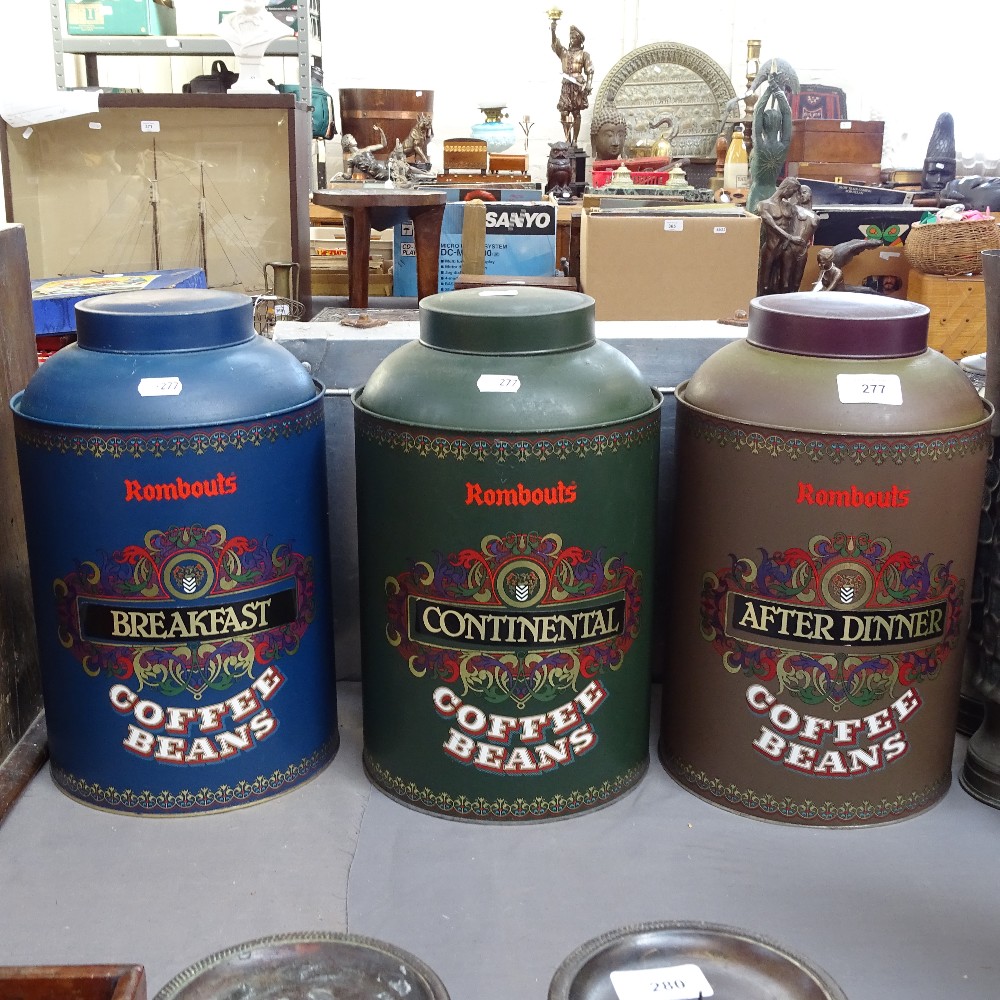 3 Rombouts painted tin coffee beans canisters, height 33cm (3)