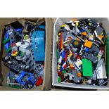 A large quantity of various Lego bricks, tiles, vehicles etc (2 boxes)