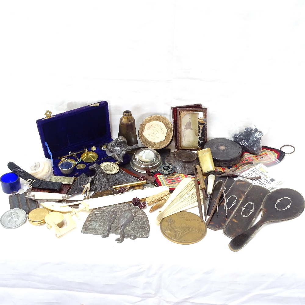 Various collectables, including tortoiseshell dressing table mounts, silver watch case, carved