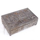 An Oriental silver plated rectangular cigarette box, relief and pierced lake and floral lid,