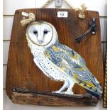 Clive Fredriksson, hand painted and carved wood sculpture, barn owl on windowsill, signed, height