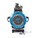 A French Aesthetic Movement Majolica Clock, turquoise and green glaze case in Chinese taste with Dog