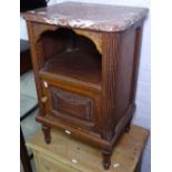 A French carved oak and marble-top bedside cupboard, W43cm, H70cm
