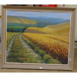 Elizabeth Smith, oil on board, "cornfields above Falmer", 48cm x 60cm