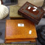 Brass-bound wood box, stained wood playing card box, and a musical State Express Cigarettes box,