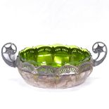 A WMF electroplate green glass 2-handled fruit bowl, pierced floral swag decoration, diameter