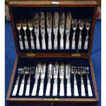 A cased silver 3-piece knife, fork and spoon set, and a silver plated and engraved fish service