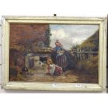 19th century oil on canvas, child with rabbits, 29cm x 44cm