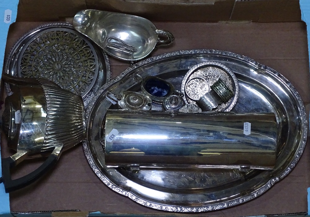A box of silver plated ware, to include a teapot, a sauceboat, a serving tray, a cruet set etc
