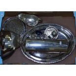 A box of silver plated ware, to include a teapot, a sauceboat, a serving tray, a cruet set etc