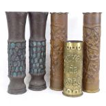 5 trench art cannon-shell case vases, largest height 35cm