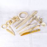 Various ivory and carvings, including page turner, needle case, glove stretchers etc