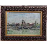 Oil painting of Berne and river Switzerland, in ornate frame, 28cm x 44cm