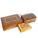 A rosewood brass-bound and ivory inlaid writing box, and 2 other dome-top carved wood jewel boxes,