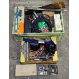 A box of various hand tools, a Black & Decker sander etc