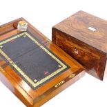 A narrow rosewood brass-bound folding writing slope, and a mahogany mother-of-pearl inlaid sewing