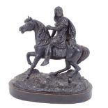 A patinated spelter sculpture of a knight on horseback, on wood plinth, overall height 20cm