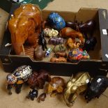 A collection of elephant figures, including carved wood, enamelled white metal, resin etc