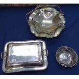 A silver plated swing-handled fruit basket, entree dish, and another (3)