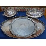 A silver plated on copper muffin dish and cover, an oval 2-handled galleried tea tray etc