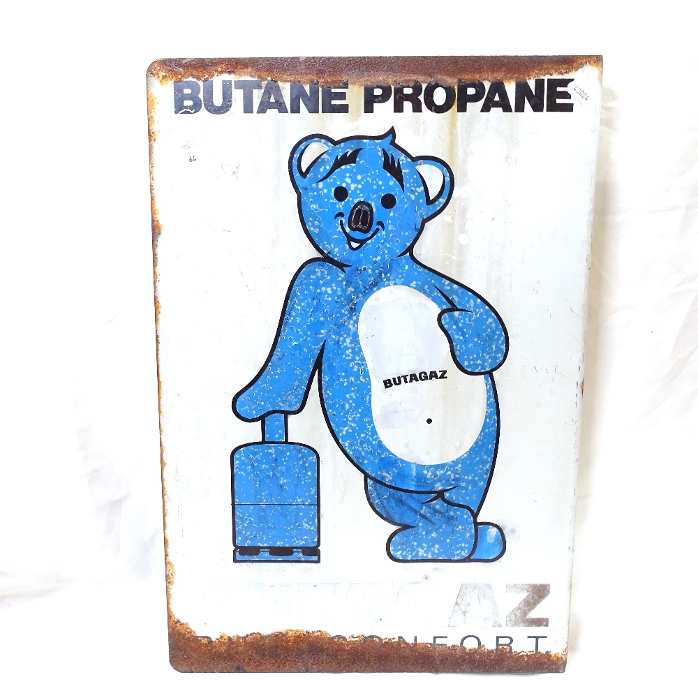 A French Vintage Butagaz Butane and Propane blue and white enamel double-sided advertising sign,
