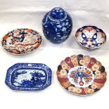 A Chinese ginger jar, Imari and Nanking plates, largest 30.5cm across