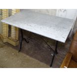 A rectangular marble-top garden table on cast-iron base, W100cm, H72cm, D62cm