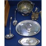 A silver plated 2-handled punch bowl, 2 ladles, egg cup set for 4 people, desk stand etc