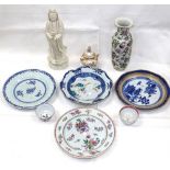 A Blanc de Chine figure, 32cm, a Chinese vase, armorial plate, tea bowls etc