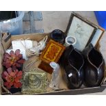 A cast-brass desk stand inkwell, a pair of Rocha ceramic vases, artificial plants etc