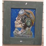 Clive Fredriksson, oil on wood panel, skull in flight cap, signed and dated, 36cm x 30cm, framed