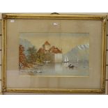 Watercolour, Continental mountain lake, 28cm x 46cm, framed