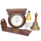 An extending book rack with micro-mosaic border, Batey's Ginger Beer stoneware bottle, a brass