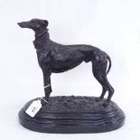 After Mene, patinated bronze sculpture, standing Whippet, signed, on stepped polished marble plinth,