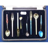 A collection of silver and coloured enamel teaspoons, and pastry forks, and 2 silver and enamelled