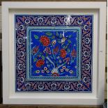 A modern framed tile panel - floral study, height 77cm overall