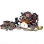 Various metalware and carvings, including Australian military brass ashtray, lustre seashells, tea