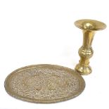 An Oriental cast-brass Gu vase, and an Indo-Persian relief embossed brass tray, vase height 27.