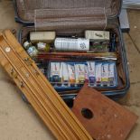 Various artist's equipment, including Winsor & Newton folding easel, Rowney oil paints, brushes etc