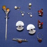 A box containing Danish silver and amber earrings by Astrid Wessel, silver and mother-of-pearl