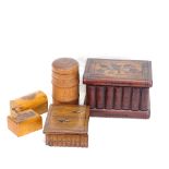 A treen stacking spice tower/box, 2 painted wood book-front boxes, and 2 Mauchline Ware boxes (5)